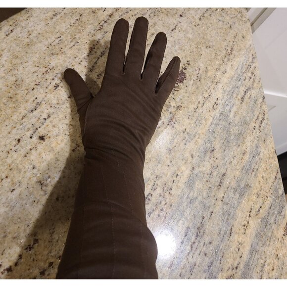 Vintage Womens Size XL XXL Brown Nylon Stretch Formal 16" Long Gloves Stitching - Picture 15 of 16